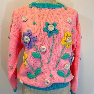 SOLD! Vintage 80’s Pink 3D Flowers Crewneck Sweater